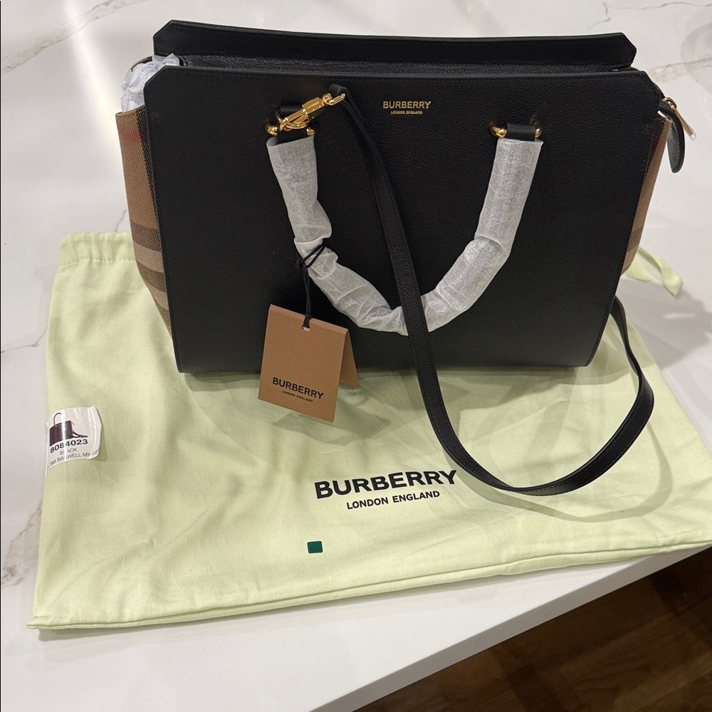 Burberry Black Leather Tote with Beige Vintage Check Sides